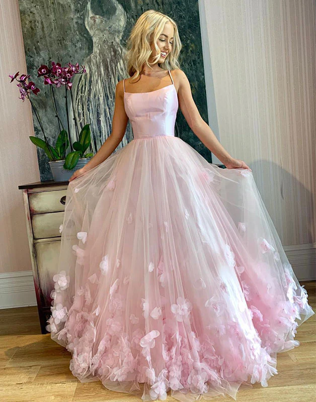 Robe de bal longue en tulle rose avec appliques 3D, robe de soirée en tulle rose gh904