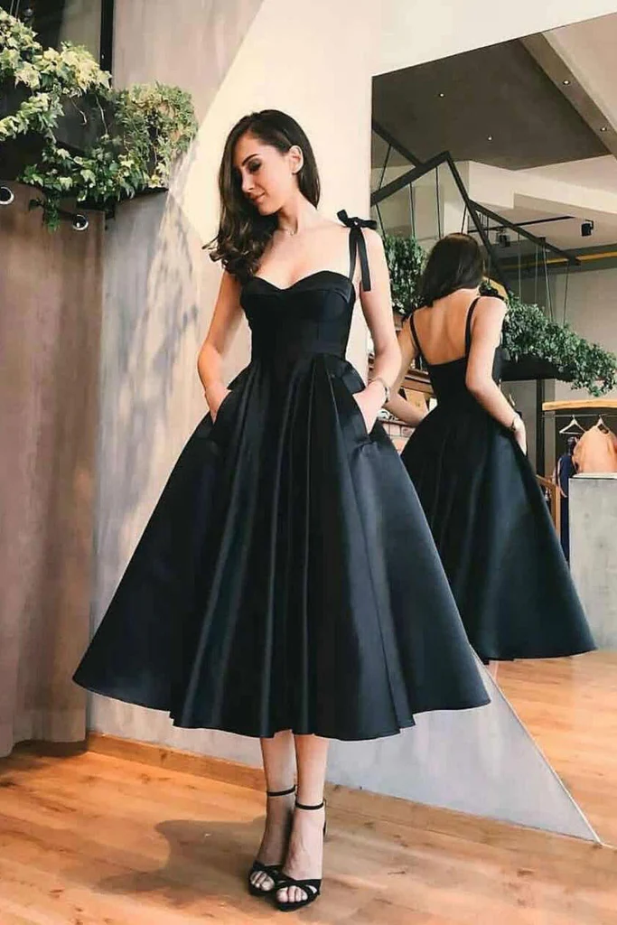 Sweetheart Satin Tea Length Spaghetti Straps Short Prom Dresses Homecoming Dresses gh830