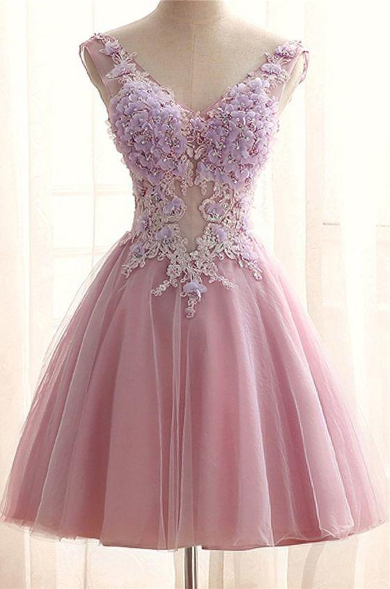 Chic V Neck Pink Tulle Applique Flower See Through Short Prom Dress gh875