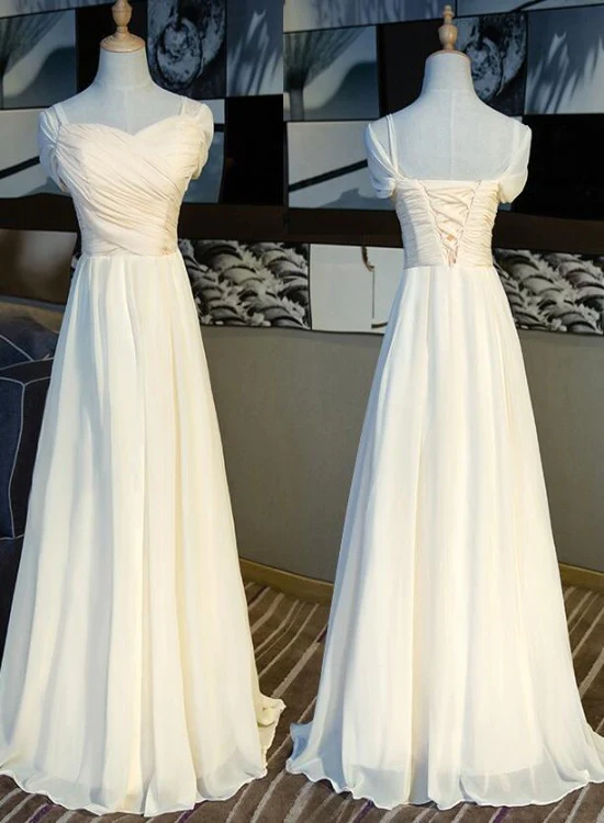 Robe de soirée longue simple et ravissante couleur champagne clair, robe de soirée trapèze à manches courtes gh236