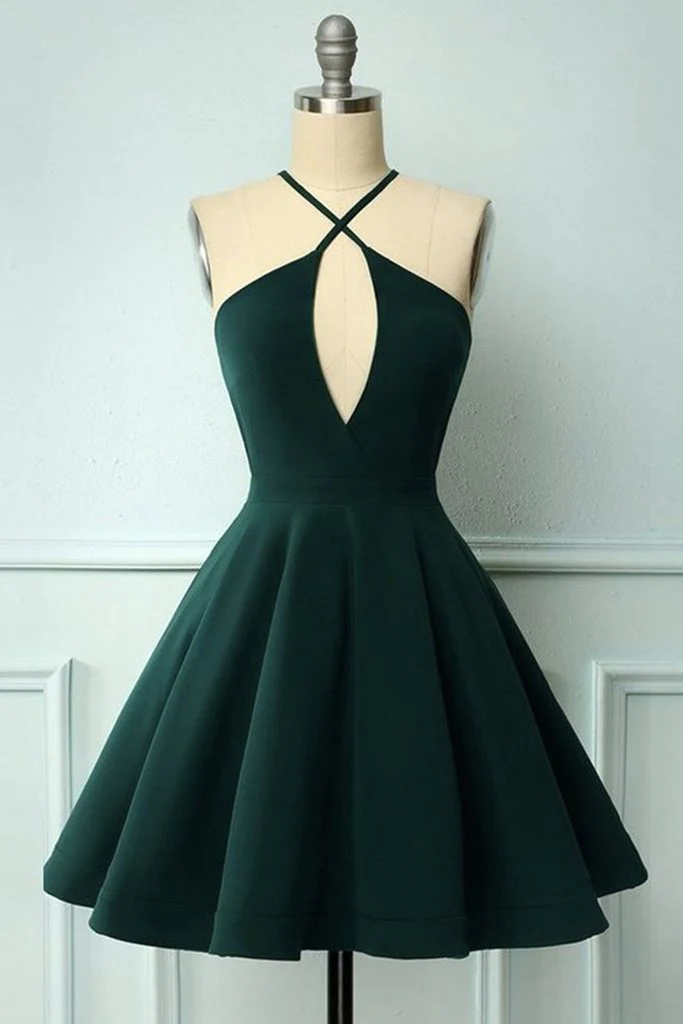 Elegant Halter Neck Dark Green Short Prom Dress, Dark Green Formal Graduation Homecoming Dress gh838