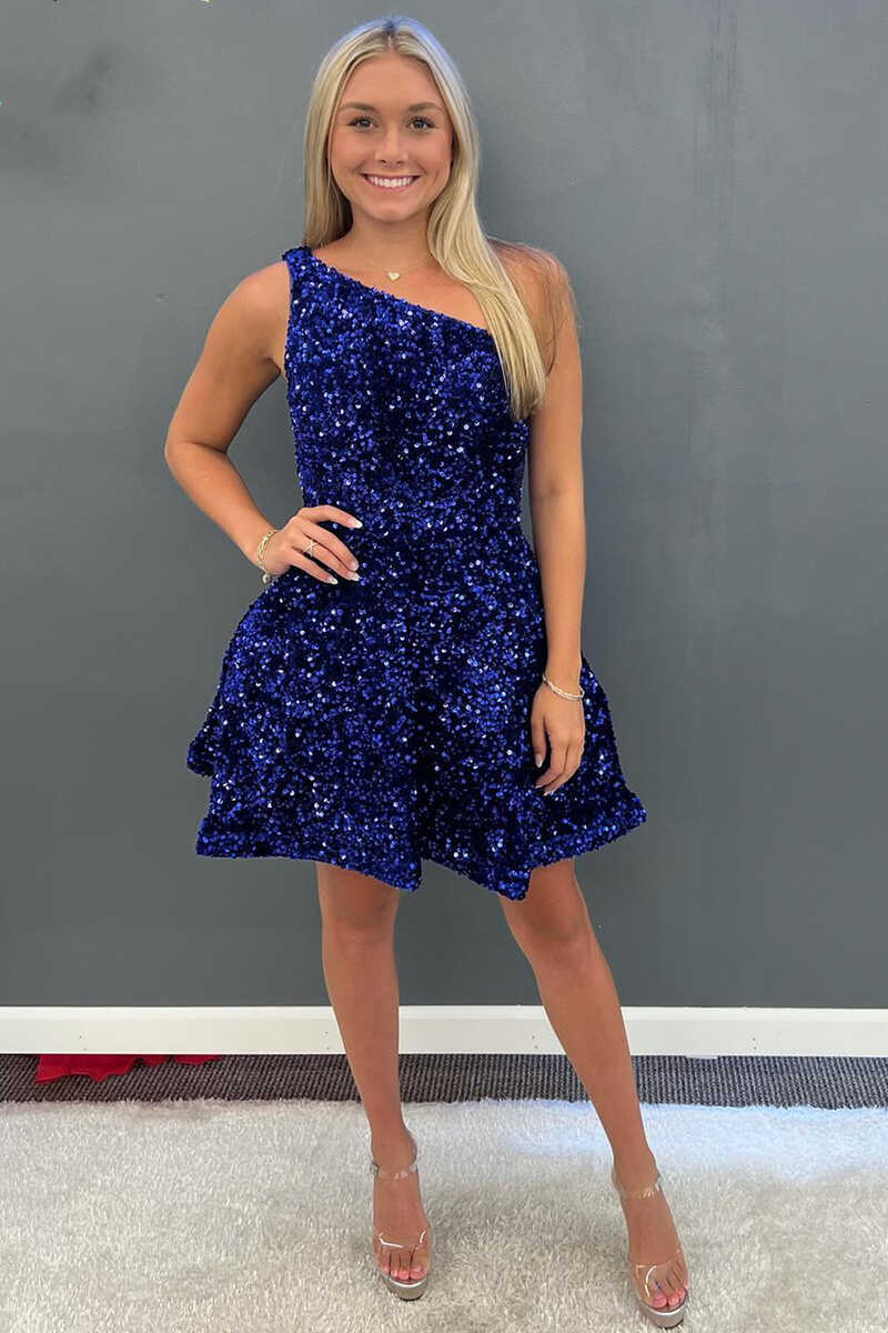 One-Shoulder Royal Blue Sequins A-Line Short Homecoming Dress gh1378