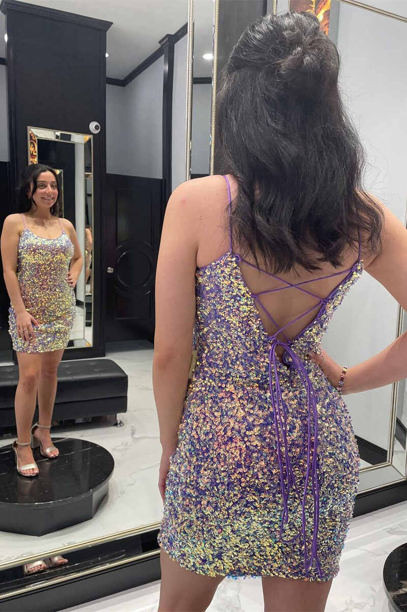 Purple Iridescent Sequin Lace-Up Bodycon Mini Homecoming Dress gh1440