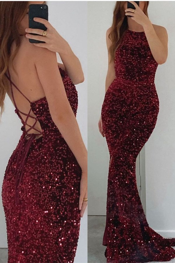 Robe de bal sirène bordeaux sans manches avec paillettes gh768