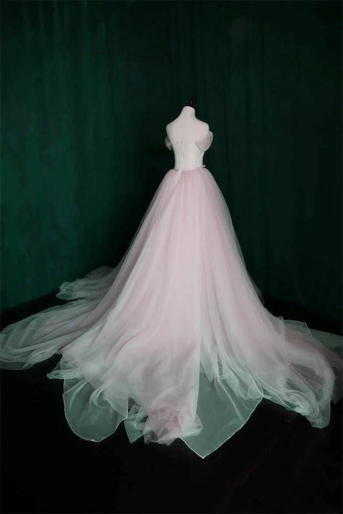 Pink Sweetheart Tulle Long Wedding Party Dress With Belt, Pink Formal Gown gh68