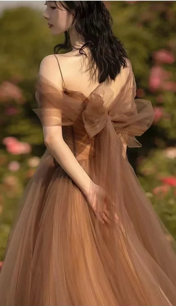 Beautiful Champagne Tulle Straps Long Formal Gown, Tulle Party Dresses Evening Dresses Prom dress gh21