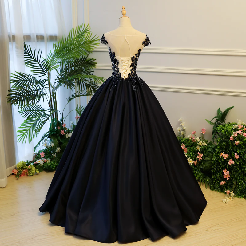 Robe de soirée en satin de haute qualité avec appliques en dentelle à col rond, robe de bal noire gh107