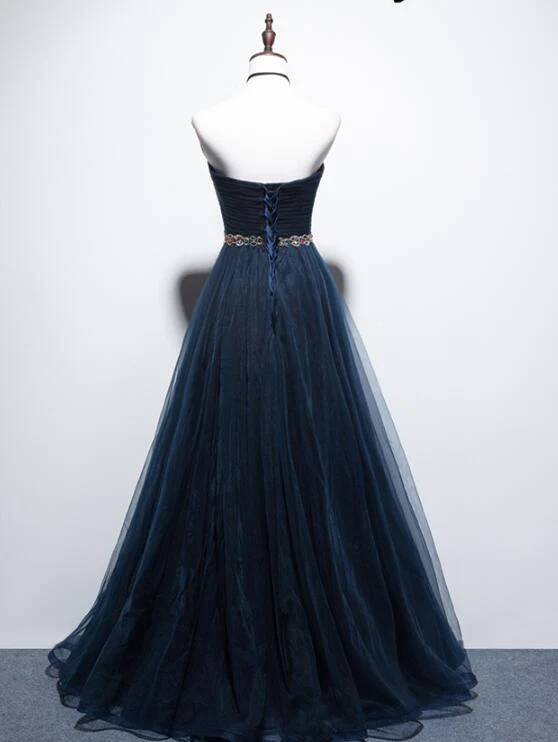 Superbe robe de bal trapèze bleu marine, robe de soirée longue en tulle gh318