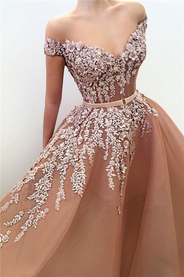 Elegant Off-The-Shoulder Appliques V-Neck Mermaid Prom Dress With Belt gh728