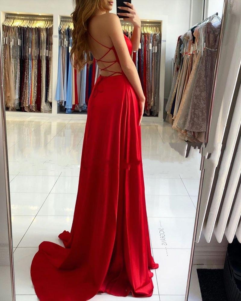 Red V-Neck Prom Dress With Split gh701