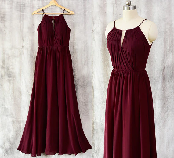Bezauberndes Chiffon-Weinrot-Rundhalsausschnitt-Partykleid, schönes Brautjungfernkleid gh432