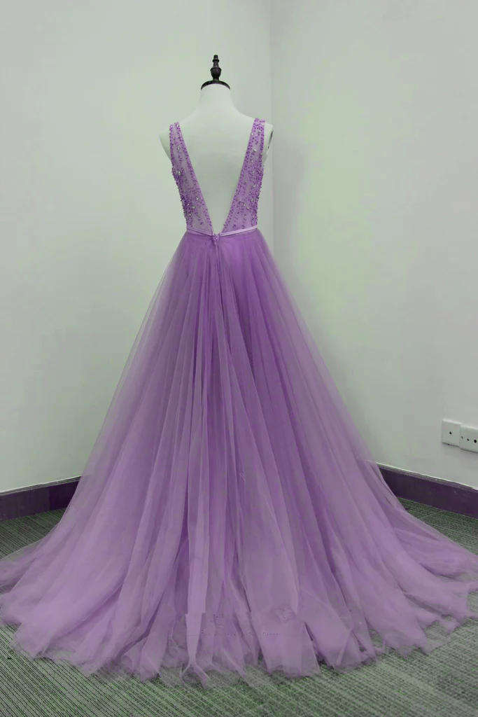 Wunderschönes, langes, hellviolettes Partykleid mit V-Ausschnitt, Abschlussballkleid gh413