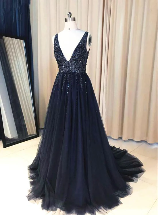Navy Blue V-Neckline Beaded Long Prom Dress, Chic Tulle Sparkle Formal Dress Party Dress gh124