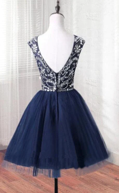 Short Tulle Beaded Dress Blue Knee Length Homecoming Dress, Cute Party Dress gh496