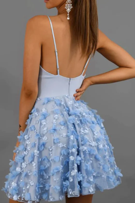 A-Line V Neck Spaghetti Straps Light Blue Lace Above Knee Homecoming Dresses Short Prom Dresses gh802