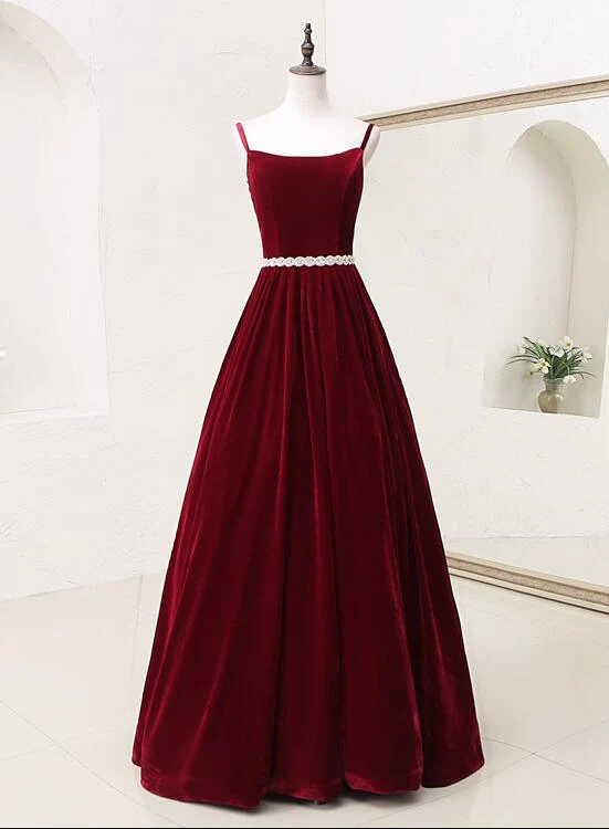 Elegante Träger Samt Langes Abendkleid Mit Gürtel, Langes Abschlussballkleid gh446