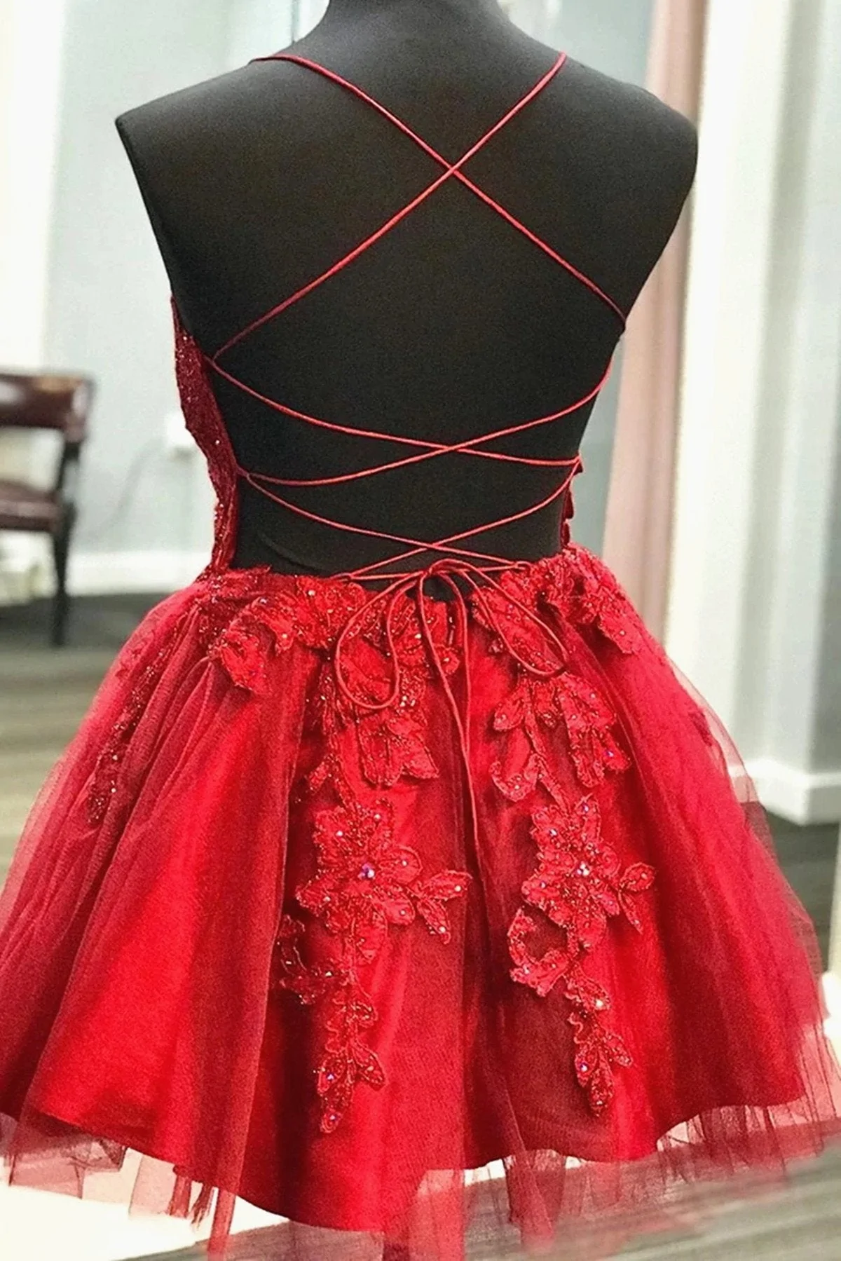 A Line V Neck Short Backless Red Lace Prom Dresses, Short Red Backless Lace Formal Homecoming Dresses gh870