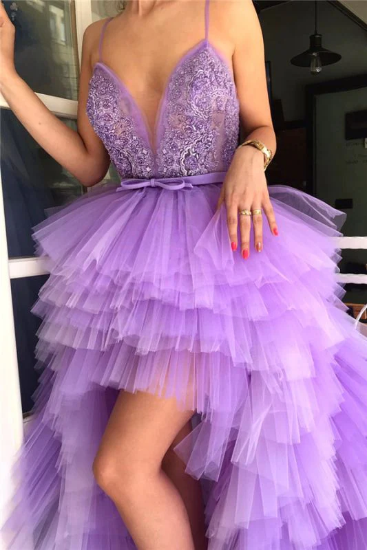 Robe de soirée longue en tulle violet à bretelles spaghetti et col en V avec perles appliquées gh982