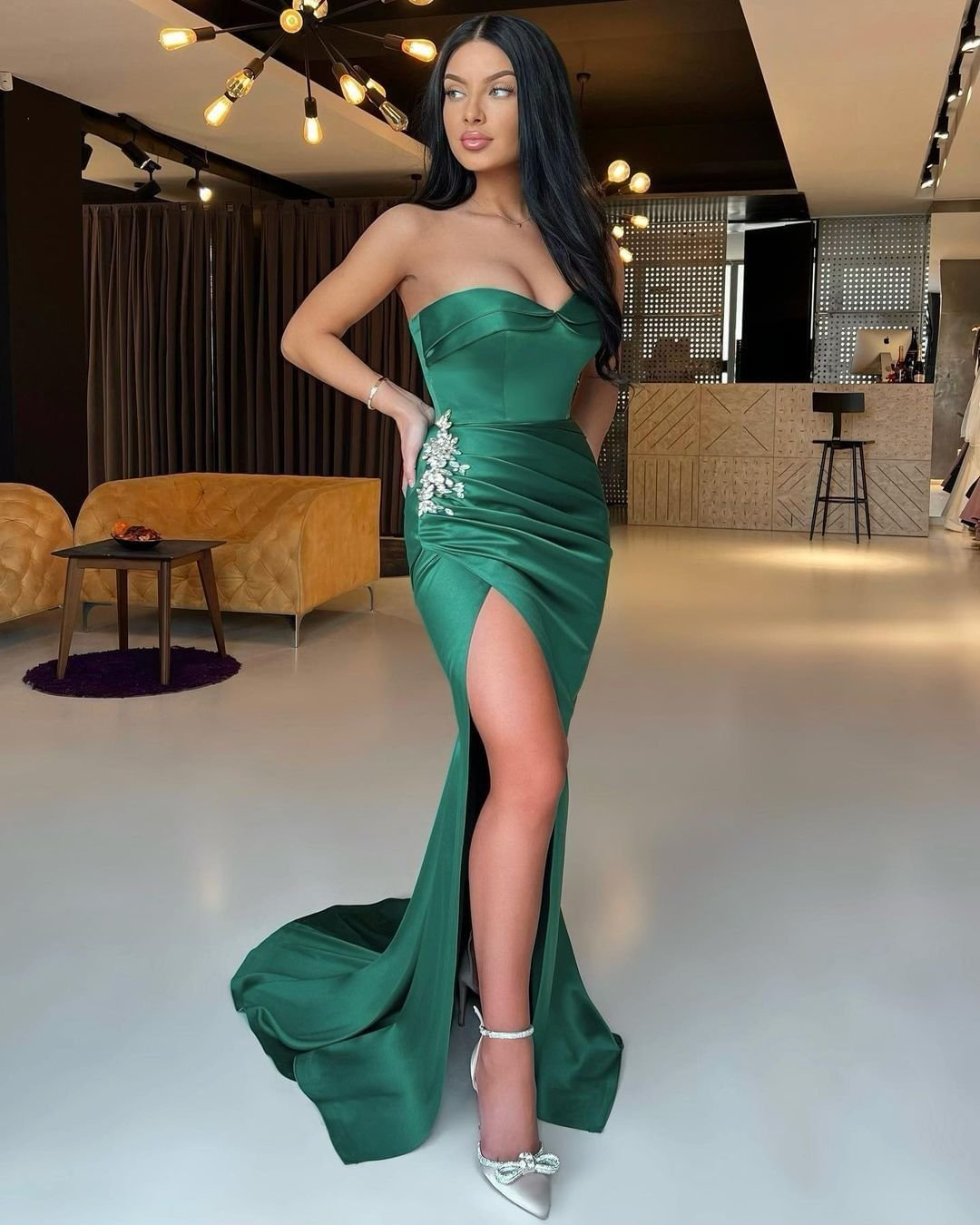 Emerald Green Sweetheart Sleeveless Mermaid Prom Dress Split With Rhinestones gh725