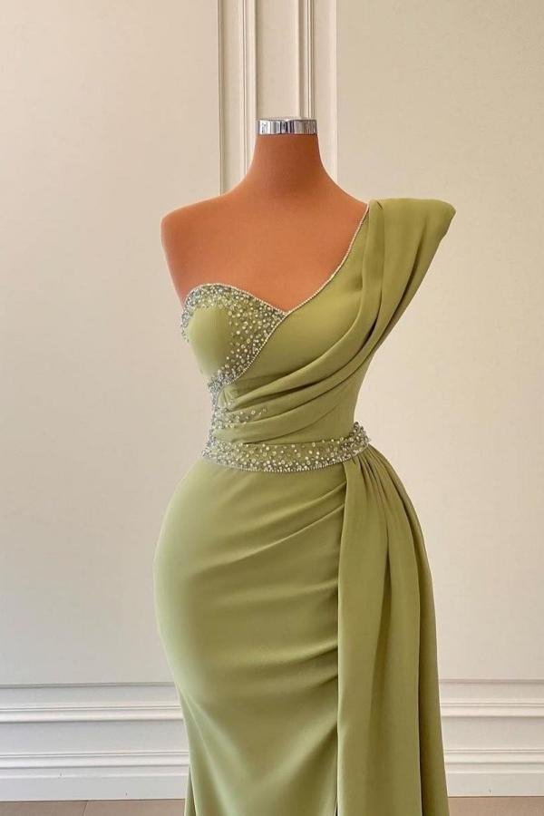 Sage green elegant one shoulder slit long fitted mermaid ball gown evening dress with beads gh793