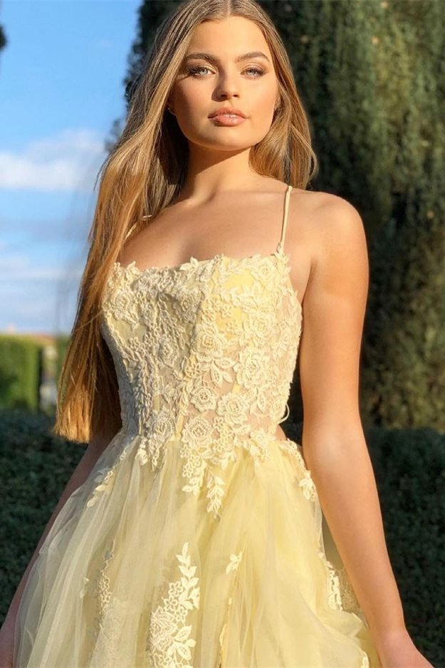 Daffodil Spaghetti-Straps Lace Appliques Mermaid Prom Dress With Split gh731