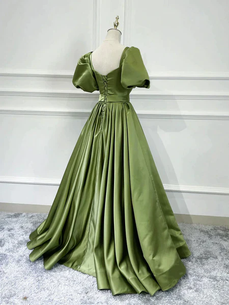 Robe de soirée longue en satin vert à manches courtes, robe de soirée formelle verte gh0002