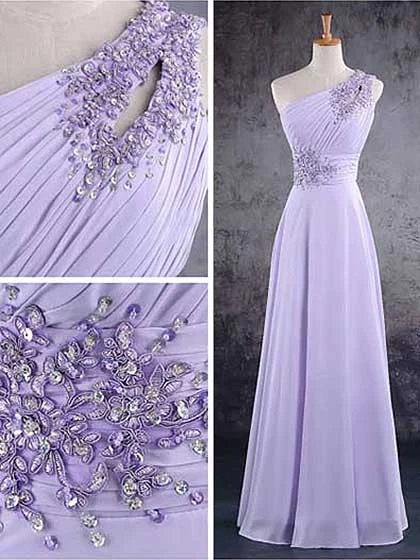 Robe de soirée en mousseline de soie à une épaule violet clair avec appliques en dentelle, robe de demoiselle d'honneur trapèze gh112