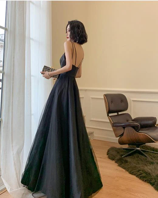 Beautiful Black Straps Tulle With Satin Long Party Dress, Black Evening Dress gh340