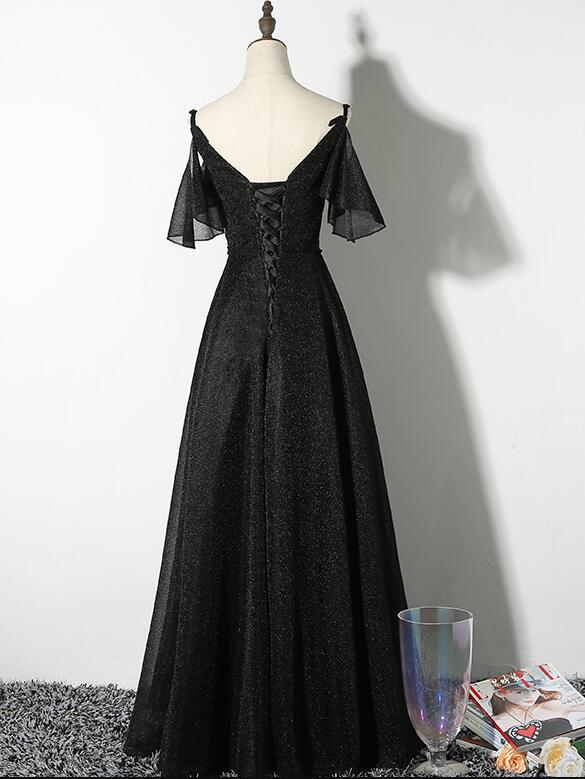 Schönes langes Partykleid mit schwarzen Trägern und V-Ausschnitt, schwarzes formelles Kleid gh472