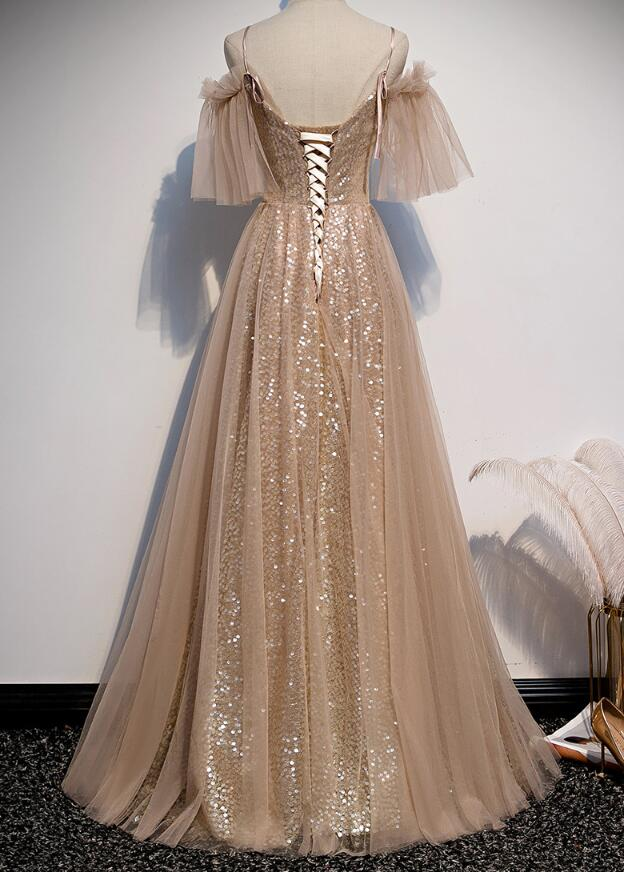 Charming Champagne Tulle And Sequins Long Party Dress, A-Line Prom Dress gh319