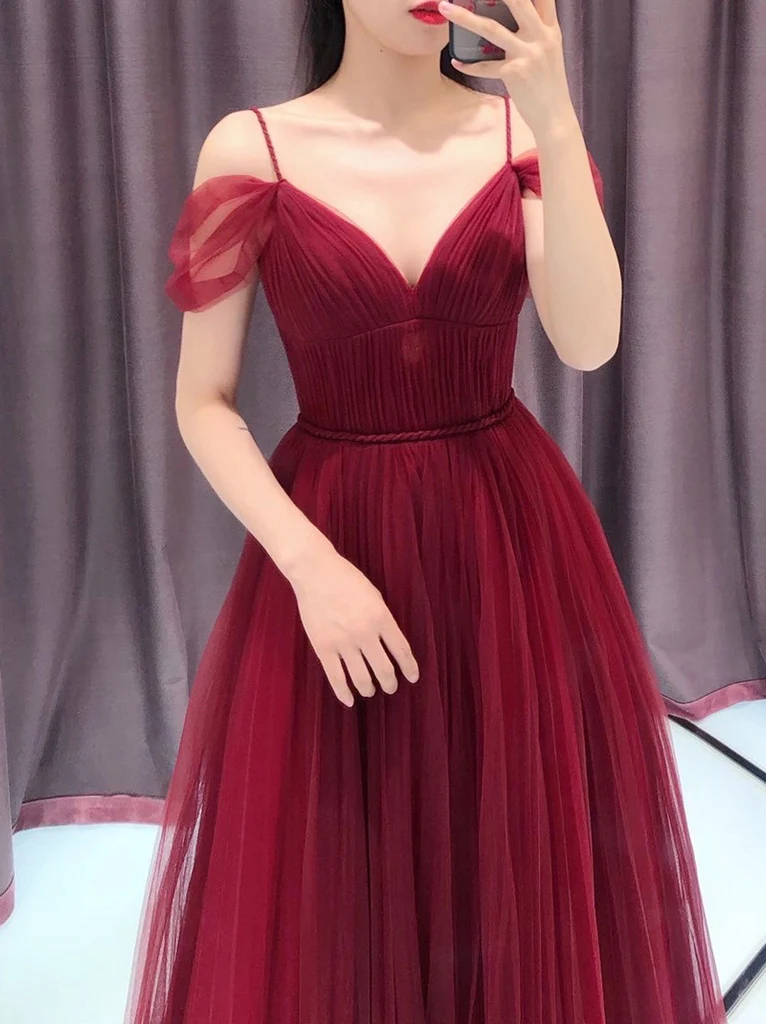 Robe de soirée en tulle à bretelles rouge vin, épaules dénudées, robe de soirée, robe de bal rouge foncé, robe formelle gh84
