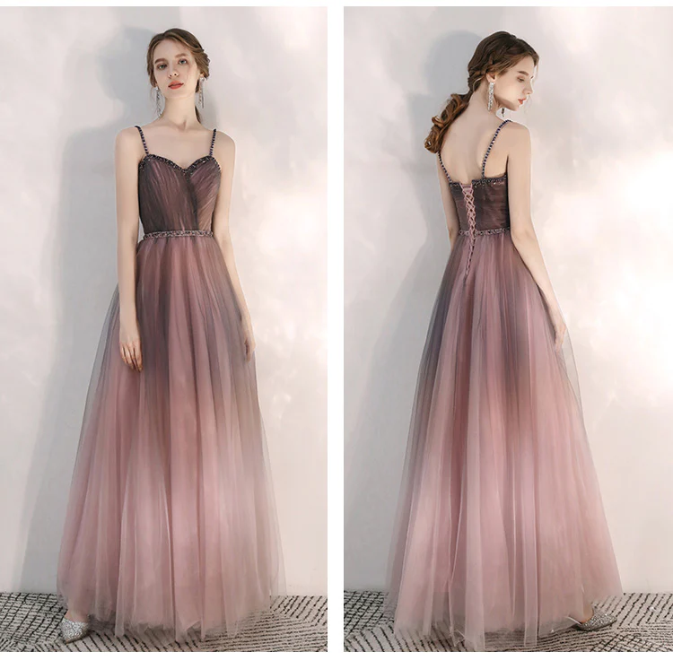 Beautiful Gradient Tulle Straps Sweetheart Long Party Dress, Long Junior Prom Dresses gh23