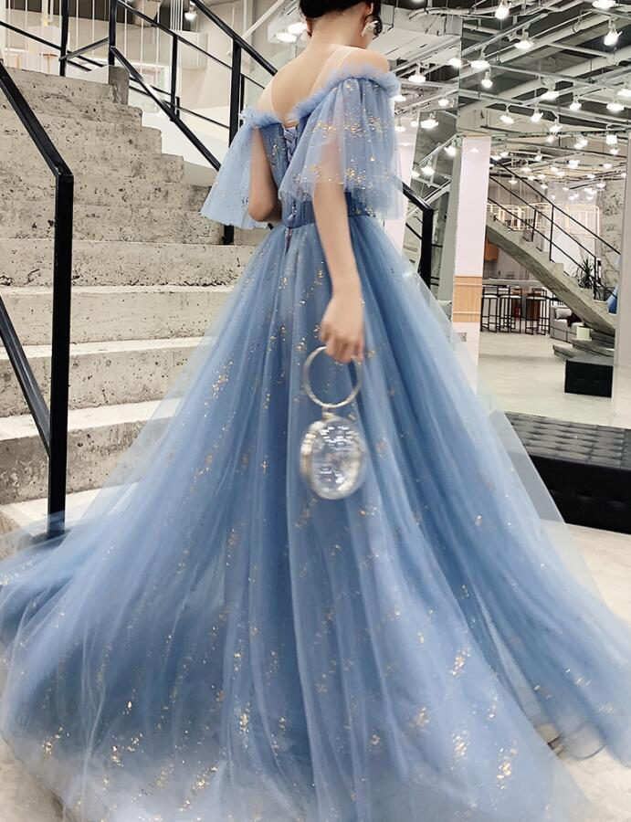 Robe de soirée en tulle bleu clair à épaules dénudées avec dentelle blanche, robe de soirée bleue gh32