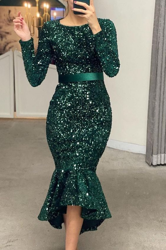 Long Sleeves Mermaid Sequins Prom Dress Online With Belt gh739