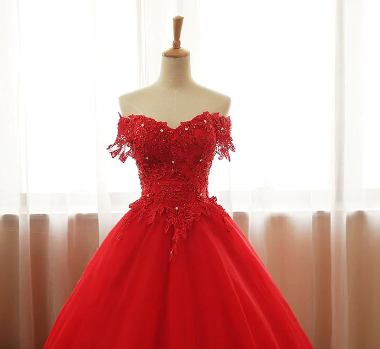 Robe de soirée longue rouge à épaules dénudées, robe de soirée trapèze en tulle, robe de soirée formelle gh102