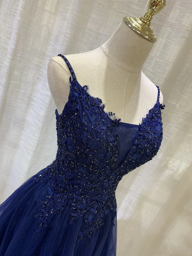 Navy Blue V-Neckline Tulle Short Homecoming Dress, Lace Applique Short Party Dress gh154