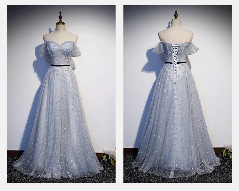 Robe de soirée longue en tulle à épaules dénudées et décolleté en cœur gris clair, robe de bal trapèze gh89
