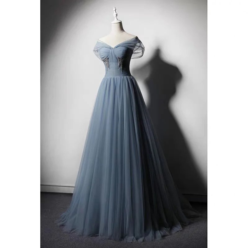 Grey-Blue Tulle Off Shoulder Beaded Long Prom Dress Party Dress, Long Evening Gowns gh16