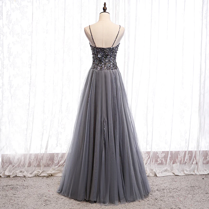 Grey Beaded Straps Sweetheart Shiny Tulle Long Party Dresses, Grey Long Prom Dresses gh22