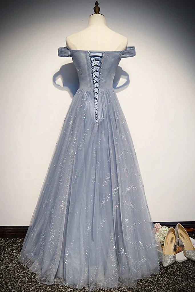 Belle robe de bal longue sans bretelles en tulle bleu perlé, ligne A, épaules dénudées gh7