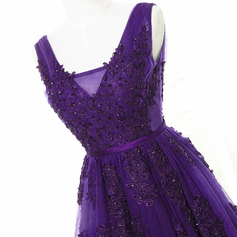 Schönes lila Tüll A-Linie Partykleid, langes Brautjungfernkleid gh305