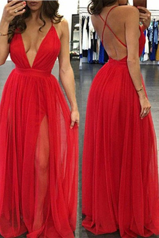 Red Deep V-Neck Long Prom Dress With Slit gh688