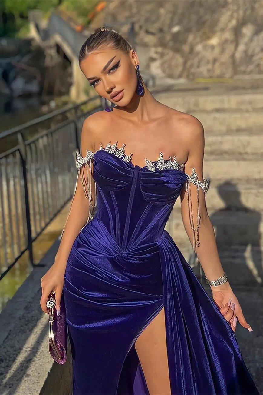 Velvet Off-the-Shoulder Beads Split Mermaid Prom Dress With Ruffles gh726