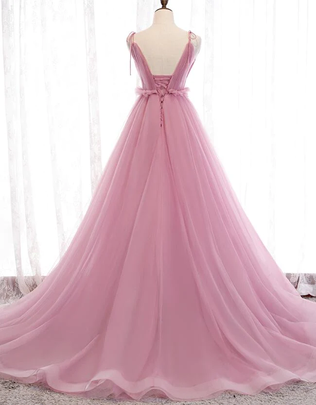 Charmante robe de soirée longue en tulle à bretelles et décolleté en V rose, robe de bal rose gh182