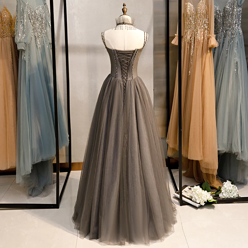Glam Grey Beaded Tulle Long Evening Dress Party Dress, A-Line Straps Evening Formal Dresses Prom dress gh17