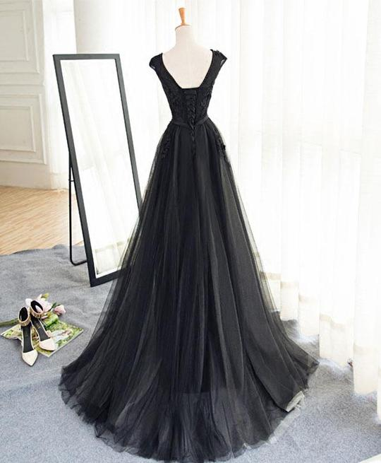 Schönes schwarzes Tüll-Abendkleid, schwarzes Partykleid formelles Kleid gh594