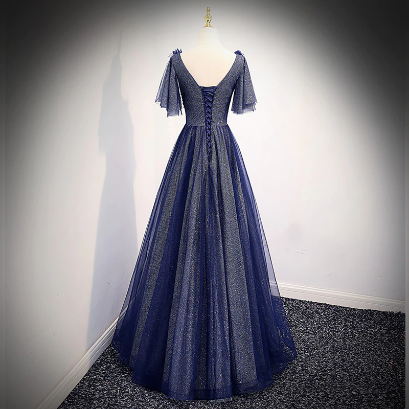 Robe de soirée longue en tulle bleu marine à col en V avec manches, robe de demoiselle d'honneur bleue gh45