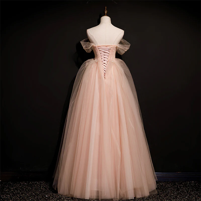 Robe de soirée longue en tulle rose avec perles et dentelle, robe de soirée rose gh90