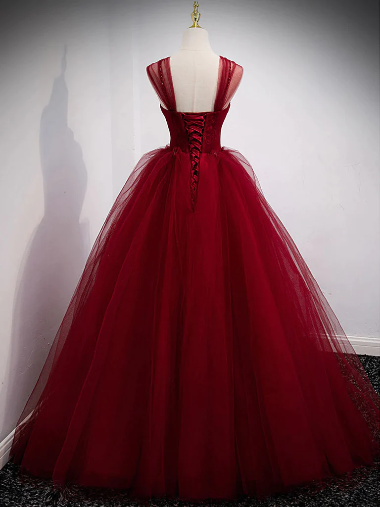 Superbe robe de bal longue en tulle rouge vin, robe de soirée bordeaux Sweet 16 gh14
