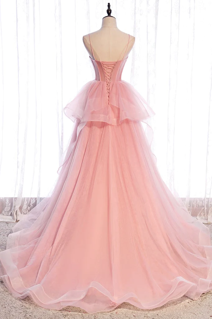 Robe longue de soirée en tulle rose avec bretelles en cœur, robe de soirée à couches roses gh29